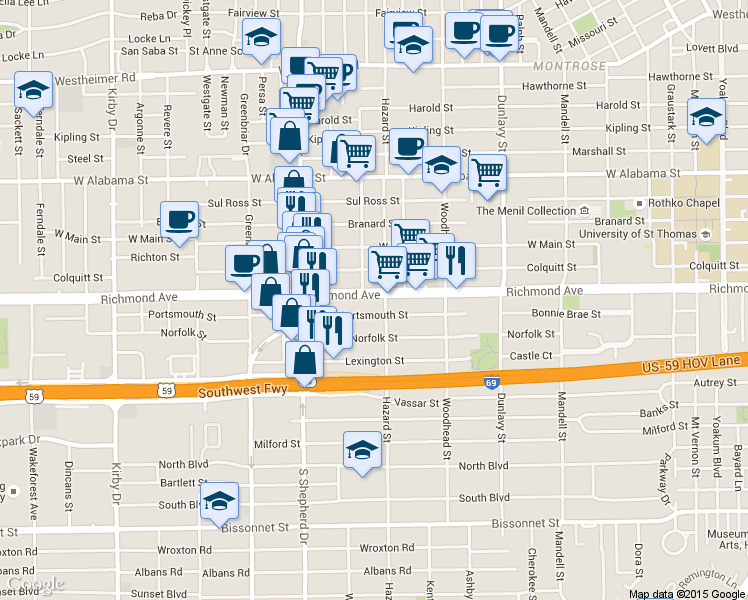 map of restaurants, bars, coffee shops, grocery stores, and more near 1908 Richmond Avenue in Houston