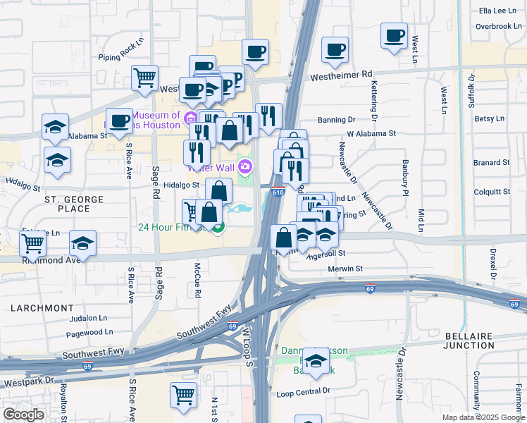 map of restaurants, bars, coffee shops, grocery stores, and more near 3015 Post Oak Boulevard in Houston