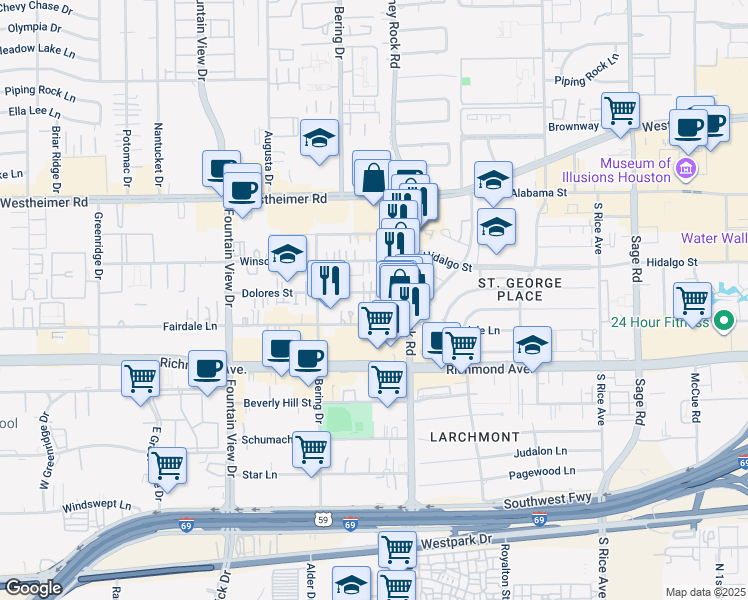 map of restaurants, bars, coffee shops, grocery stores, and more near 5606 Dolores Street in Houston