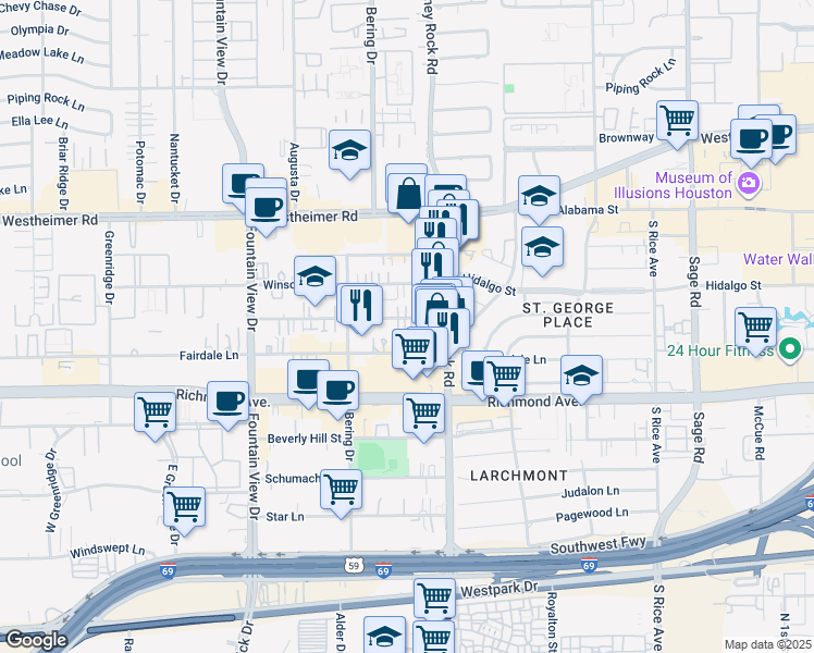 map of restaurants, bars, coffee shops, grocery stores, and more near 5606 Dolores Street in Houston
