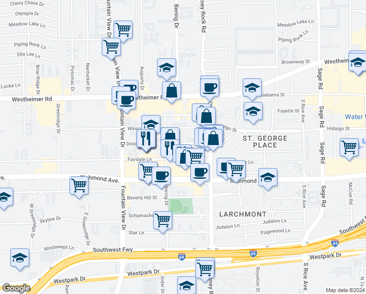 map of restaurants, bars, coffee shops, grocery stores, and more near 2953 Sandcastle Lane in Houston