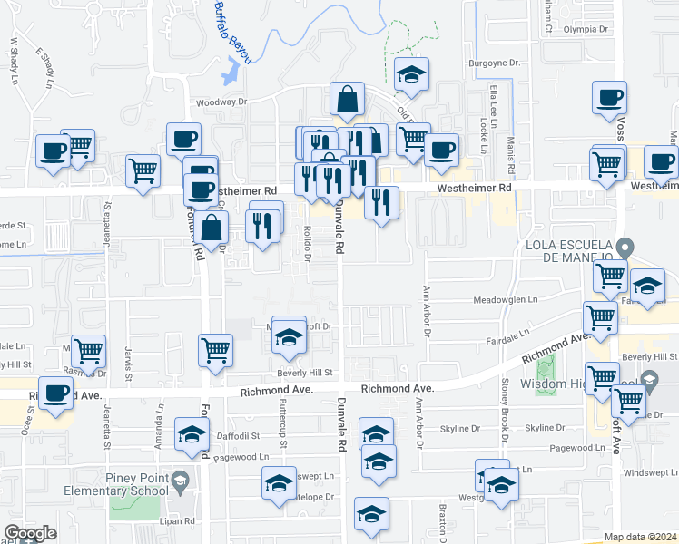 map of restaurants, bars, coffee shops, grocery stores, and more near 2918 Dunvale Road in Houston