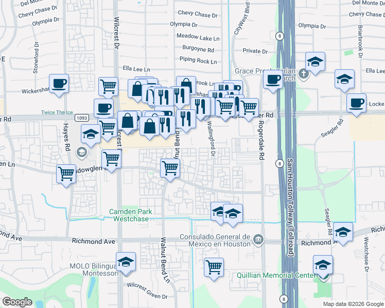 map of restaurants, bars, coffee shops, grocery stores, and more near 10707 Westheimer Road in Houston