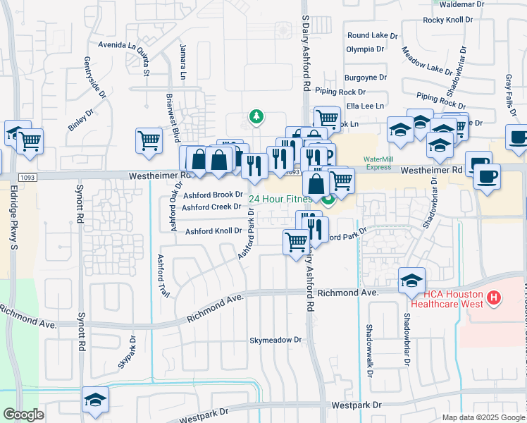 map of restaurants, bars, coffee shops, grocery stores, and more near 12614 Ashford Creek Drive in Houston