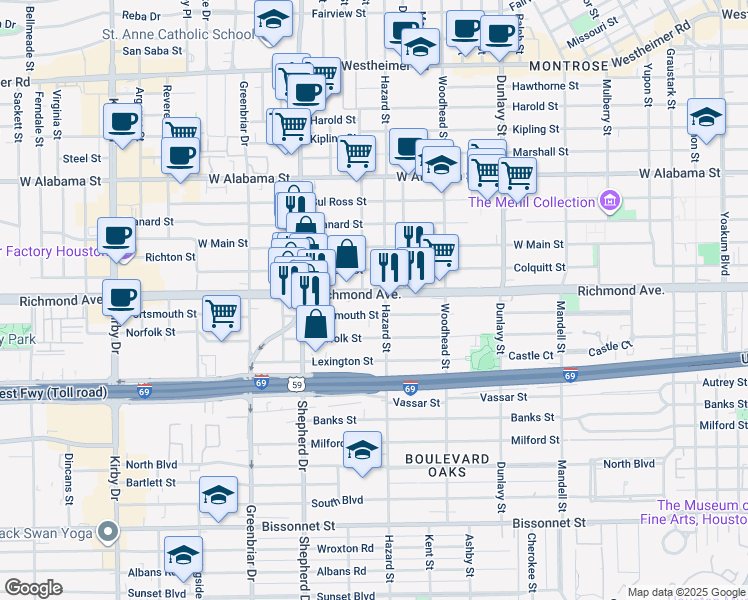 map of restaurants, bars, coffee shops, grocery stores, and more near 1908 Richmond Avenue in Houston