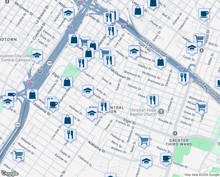 map of restaurants, bars, coffee shops, grocery stores, and more near 2812 Drew Street in Houston