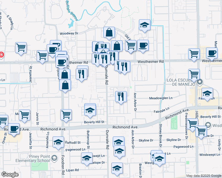 map of restaurants, bars, coffee shops, grocery stores, and more near 2827 Dunvale Road in Houston