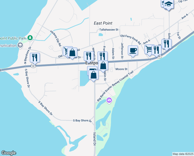 map of restaurants, bars, coffee shops, grocery stores, and more near 25 Island Dr in Eastpoint
