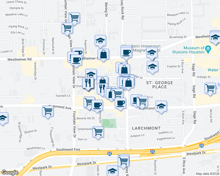 map of restaurants, bars, coffee shops, grocery stores, and more near 2953 Sandcastle Lane in Houston