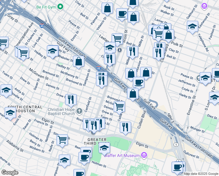 map of restaurants, bars, coffee shops, grocery stores, and more near 3510 Hadley Street in Houston