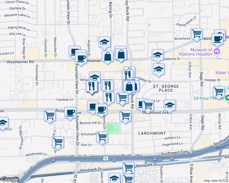 map of restaurants, bars, coffee shops, grocery stores, and more near 2953 Sandcastle Lane in Houston