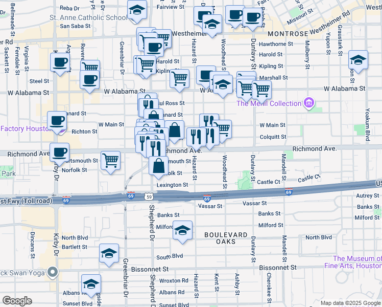 map of restaurants, bars, coffee shops, grocery stores, and more near 1901 Richmond Avenue in Houston