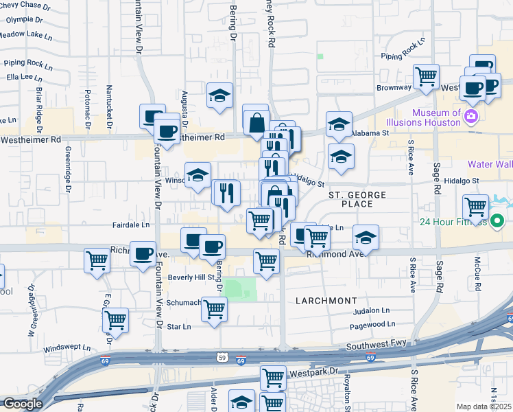map of restaurants, bars, coffee shops, grocery stores, and more near 5606 Dolores Street in Houston