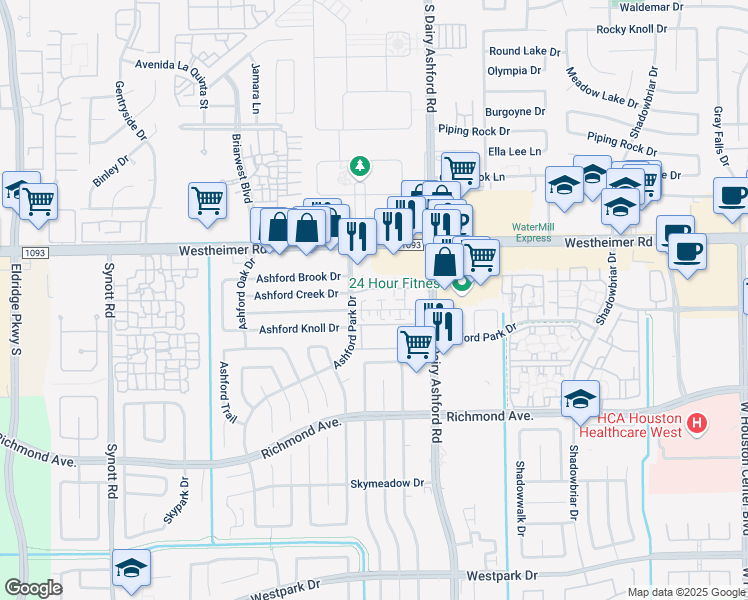 map of restaurants, bars, coffee shops, grocery stores, and more near 12614 Ashford Creek Drive in Houston