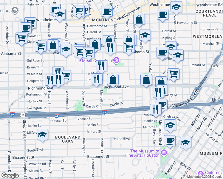 map of restaurants, bars, coffee shops, grocery stores, and more near 1464 Richmond Avenue in Houston