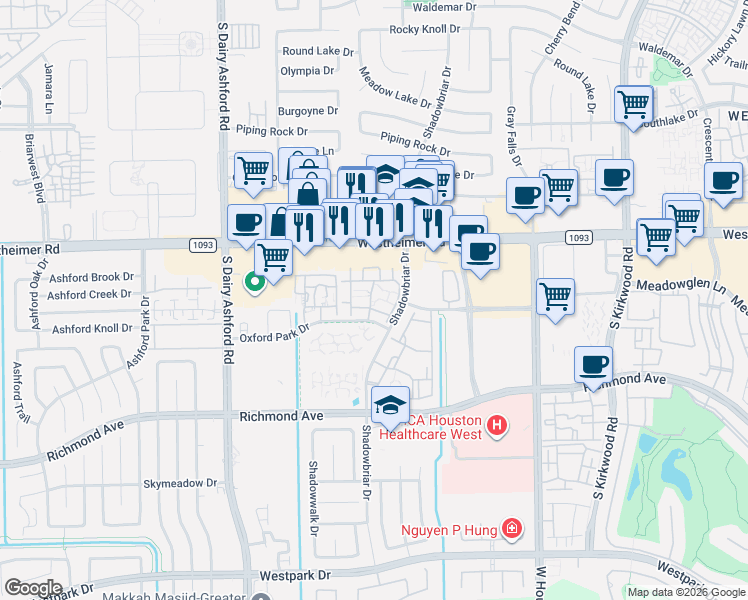 map of restaurants, bars, coffee shops, grocery stores, and more near 2840 Shadowbriar Drive in Houston