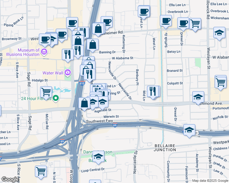 map of restaurants, bars, coffee shops, grocery stores, and more near 4627 Shetland Lane in Houston