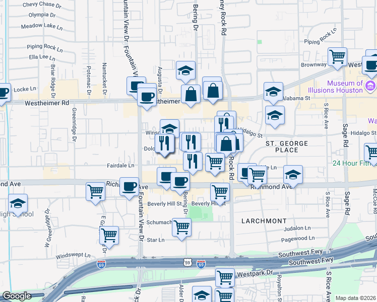 map of restaurants, bars, coffee shops, grocery stores, and more near 2953 Sandcastle Lane in Houston