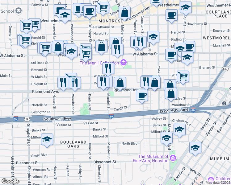 map of restaurants, bars, coffee shops, grocery stores, and more near 1421 Richmond Avenue in Houston