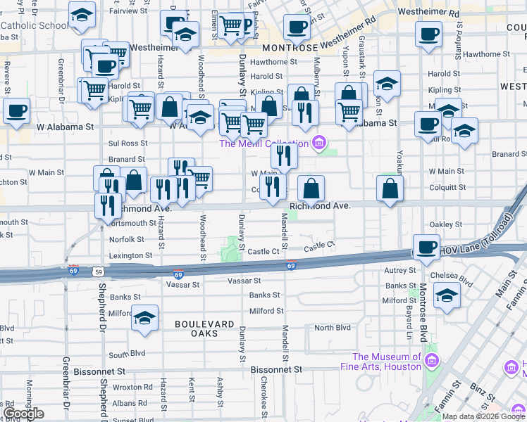 map of restaurants, bars, coffee shops, grocery stores, and more near 1650 Richmond Avenue in Houston