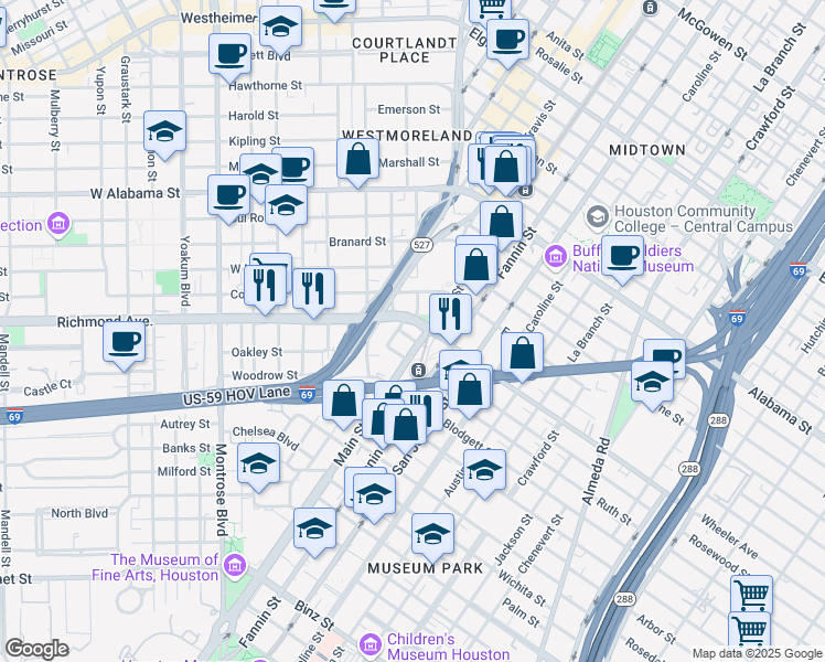 map of restaurants, bars, coffee shops, grocery stores, and more near 300-368 Richmond Avenue in Houston
