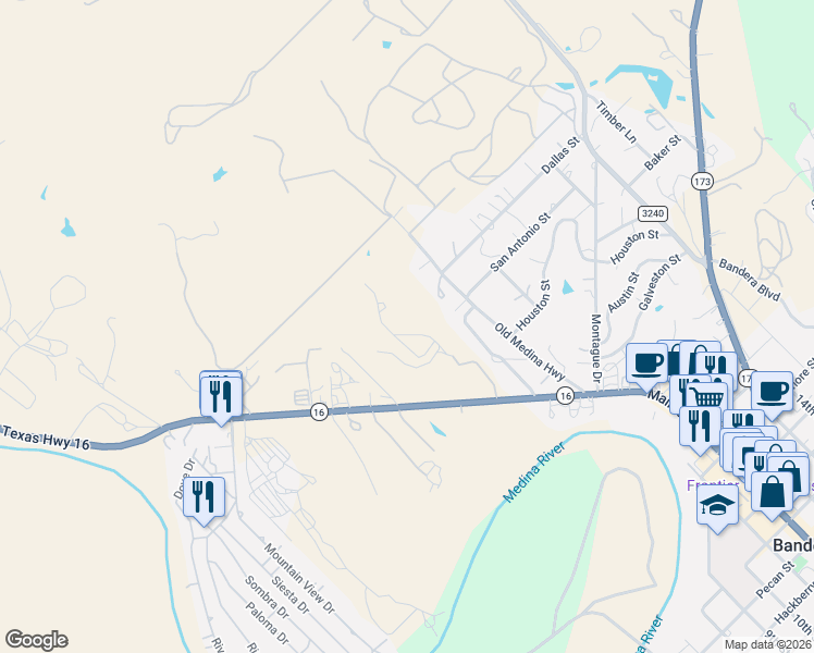 map of restaurants, bars, coffee shops, grocery stores, and more near 1598 Texas 16 in Bandera