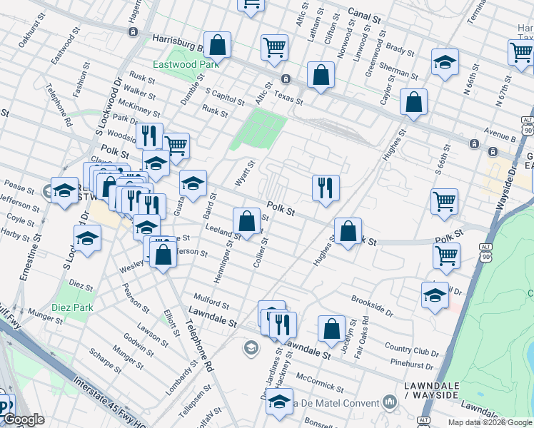 map of restaurants, bars, coffee shops, grocery stores, and more near 5217 Clay Street in Houston