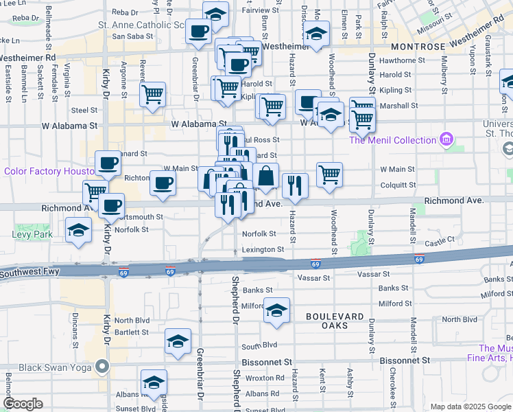 map of restaurants, bars, coffee shops, grocery stores, and more near 2024 Richmond Avenue in Houston
