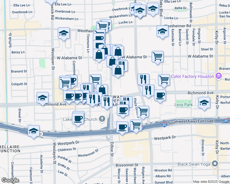 map of restaurants, bars, coffee shops, grocery stores, and more near 3660 Richmond Avenue in Houston