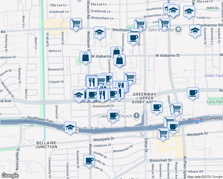 map of restaurants, bars, coffee shops, grocery stores, and more near 3838 Richmond Avenue in Houston