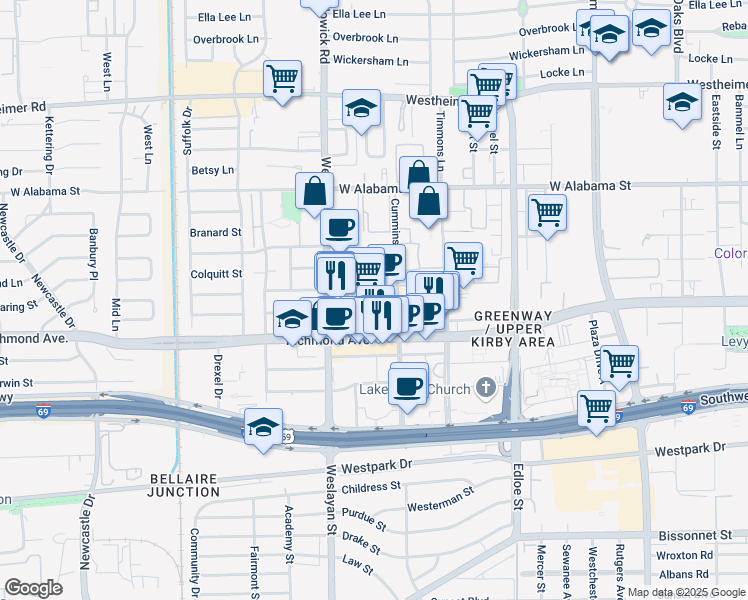 map of restaurants, bars, coffee shops, grocery stores, and more near 3838 Richmond Avenue in Houston