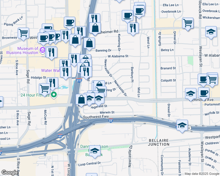 map of restaurants, bars, coffee shops, grocery stores, and more near 4627 Shetland Lane in Houston