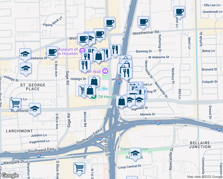map of restaurants, bars, coffee shops, grocery stores, and more near 3015 Post Oak Boulevard in Houston