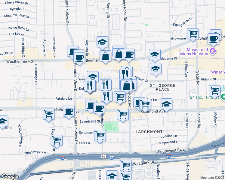 map of restaurants, bars, coffee shops, grocery stores, and more near 2953 Sandcastle Lane in Houston