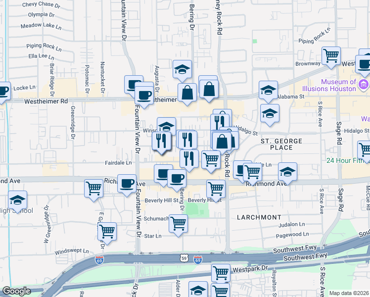 map of restaurants, bars, coffee shops, grocery stores, and more near 2953 Sandcastle Lane in Houston