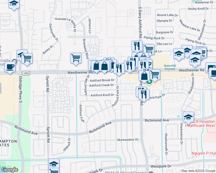 map of restaurants, bars, coffee shops, grocery stores, and more near 12727 Ashford Creek Drive in Houston