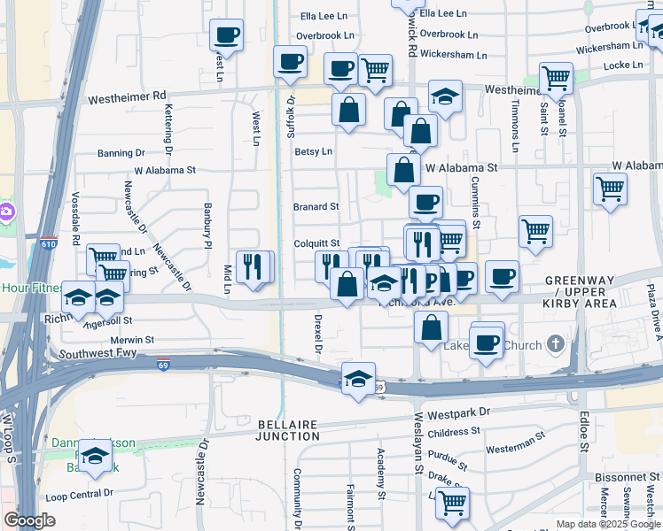 map of restaurants, bars, coffee shops, grocery stores, and more near 4207 Whitman Street in Houston