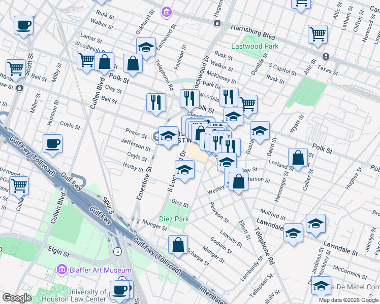 map of restaurants, bars, coffee shops, grocery stores, and more near 728 Telephone Road in Houston