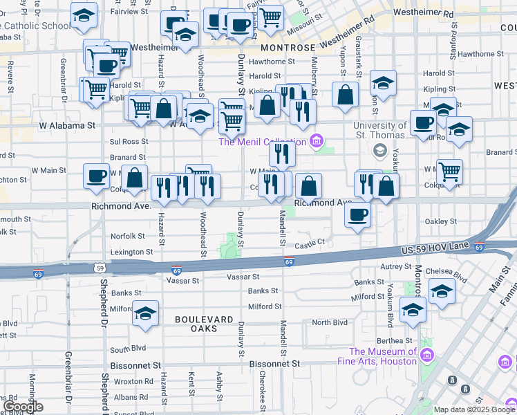 map of restaurants, bars, coffee shops, grocery stores, and more near 1650 Richmond Avenue in Houston