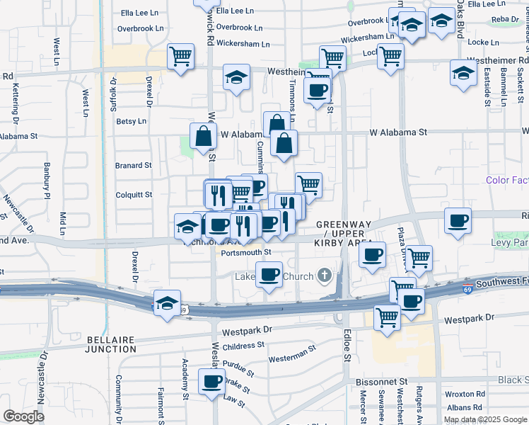 map of restaurants, bars, coffee shops, grocery stores, and more near 3411 Cummins Street in Houston