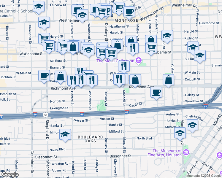 map of restaurants, bars, coffee shops, grocery stores, and more near 1650 Richmond Avenue in Houston