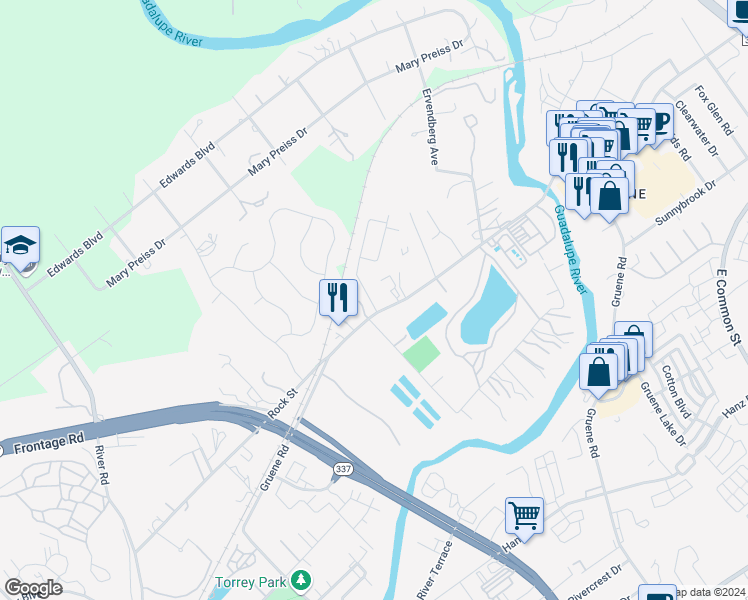 map of restaurants, bars, coffee shops, grocery stores, and more near 1632 Gruene Road in New Braunfels