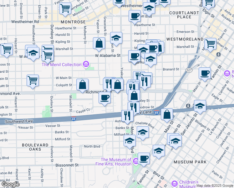 map of restaurants, bars, coffee shops, grocery stores, and more near 4219 Yoakum Boulevard in Houston