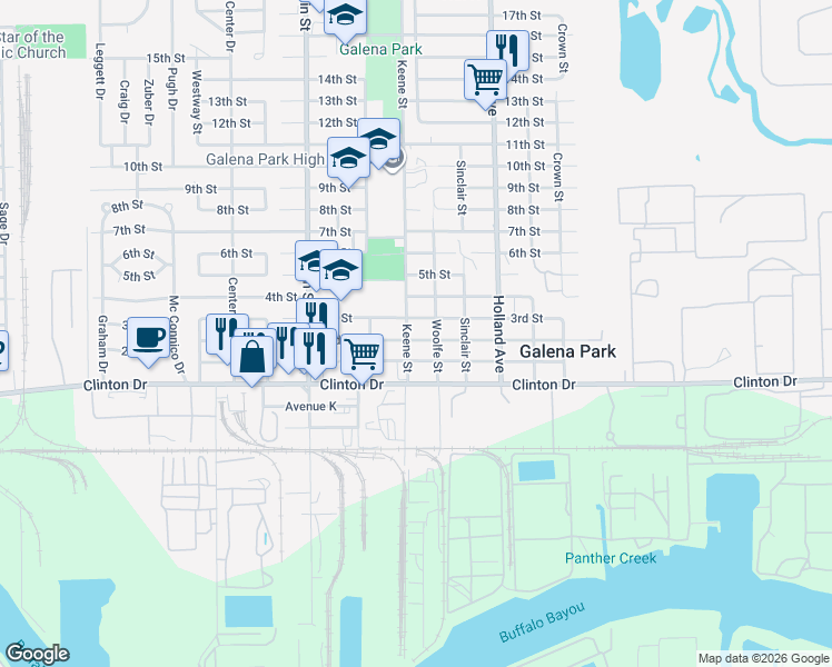 map of restaurants, bars, coffee shops, grocery stores, and more near 1604 3rd Street in Galena Park