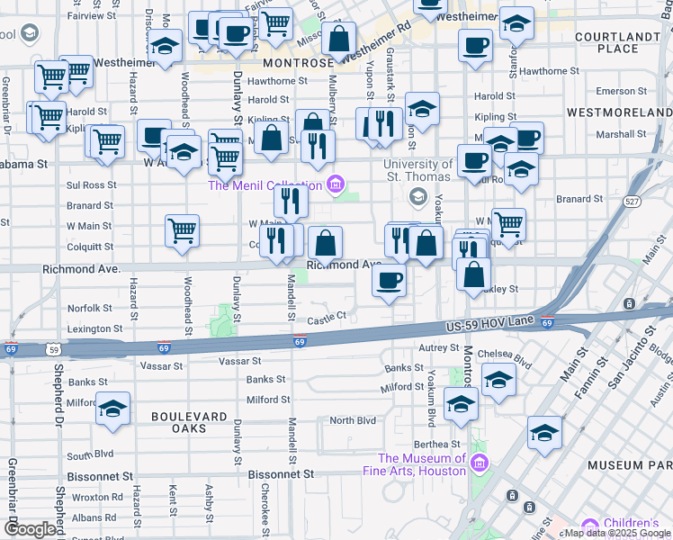 map of restaurants, bars, coffee shops, grocery stores, and more near in Houston