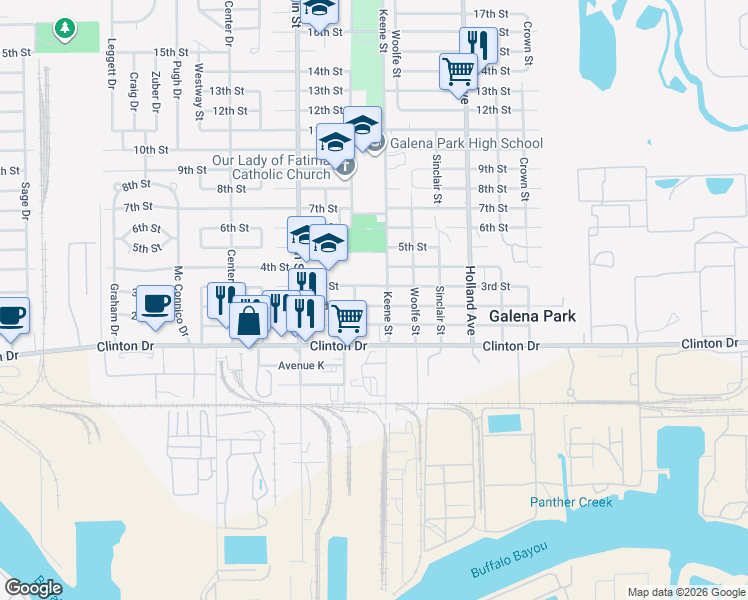 map of restaurants, bars, coffee shops, grocery stores, and more near 1604 3rd Street in Galena Park