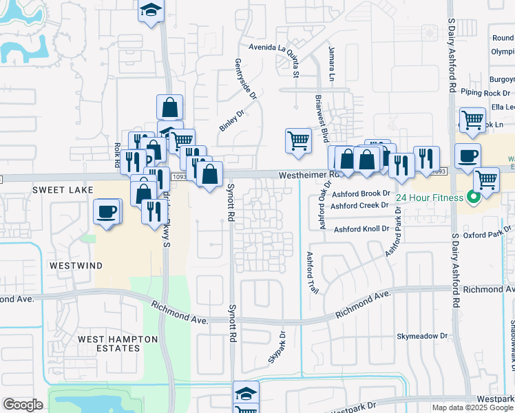 map of restaurants, bars, coffee shops, grocery stores, and more near 13099 Westheimer Road in Houston