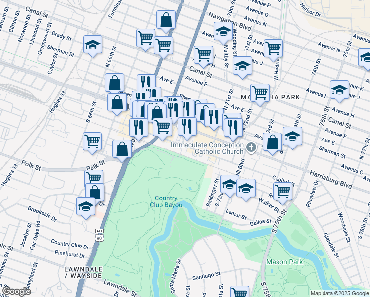 map of restaurants, bars, coffee shops, grocery stores, and more near 211 South 70th Street in Houston