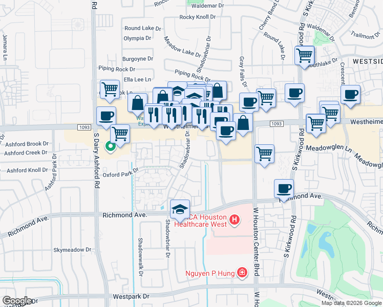 map of restaurants, bars, coffee shops, grocery stores, and more near 2847 Shadowbriar Drive in Houston