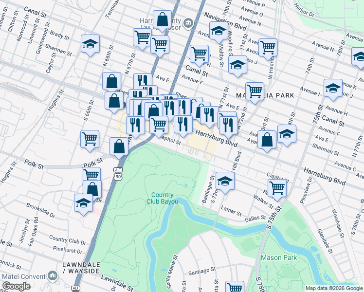 map of restaurants, bars, coffee shops, grocery stores, and more near 211 South 70th Street in Houston